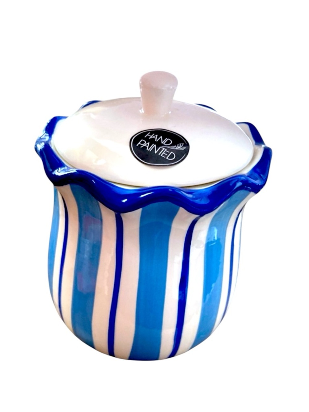 Hand Painted Blue White Stripe Ceramic Kitchen Storage Jar Canister Lid 6” Tall